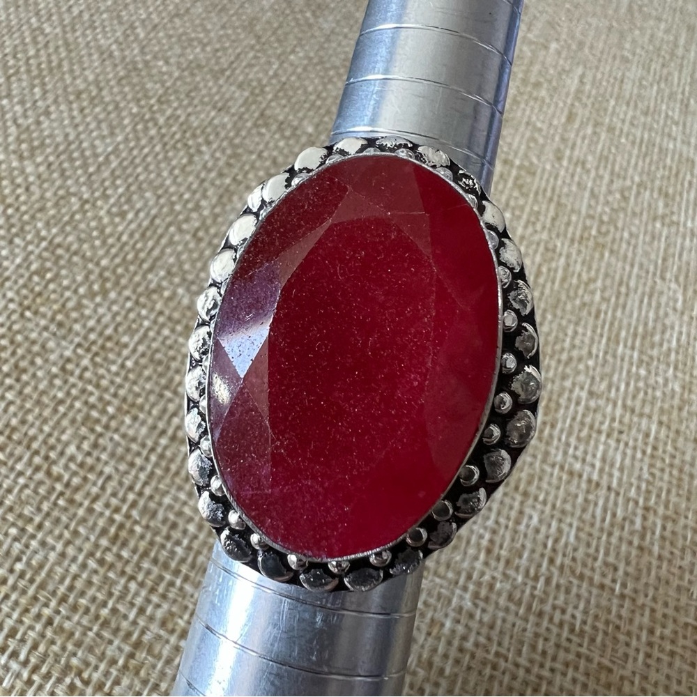 Enhanced Faceted Ruby Silver Overlay Ring Size 8 - image 2